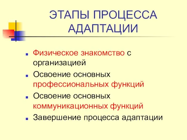 ЭТАПЫ ПРОЦЕССА АДАПТАЦИИ Физическое знакомство с организацией Освоение основных профессиональных функций Освоение