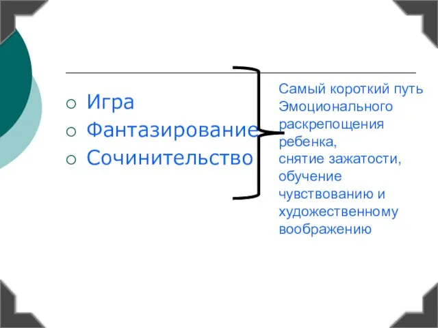 Игра Фантазирование Сочинительство Самый короткий путь Эмоционального раскрепощения ребенка, снятие зажатости,обучение чувствованию и художественному воображению