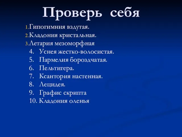 Проверь себя Гипогимния вздутая. Кладония кристальная. Летария мезоморфная 4. Уснея жестко-волосистая. 5.