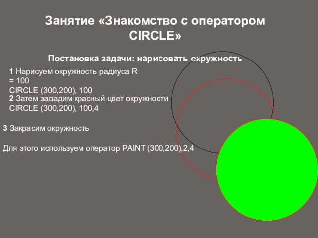 Занятие «Знакомство с оператором CIRCLE» Постановка задачи: нарисовать окружность 1 Нарисуем окружность