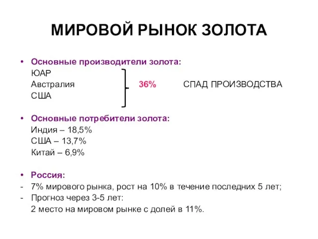 МИРОВОЙ РЫНОК ЗОЛОТА Основные производители золота: ЮАР Австралия 36% СПАД ПРОИЗВОДСТВА США