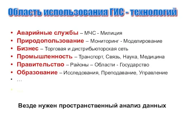 Область использования ГИС - технологий Аварийные службы – МЧС - Милиция Природопользование