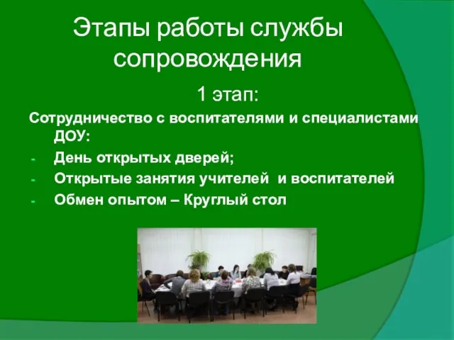 Этапы работы службы сопровождения 1 этап: Сотрудничество с воспитателями и специалистами ДОУ: