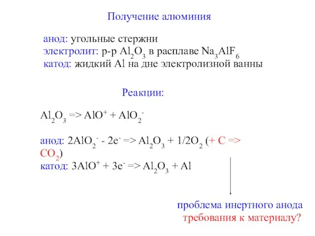 Получение алюминия анод: угольные стержни электролит: р-р Al2O3 в расплаве Na3AlF6 катод: