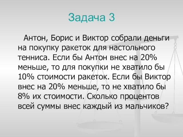 Задача 3 Антон, Борис и Виктор собрали деньги на покупку ракеток для