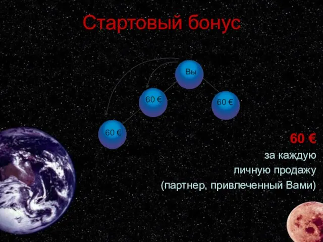 Стартовый бонус Стартовый бонус 60 € за каждую личную продажу (партнер, привлеченный