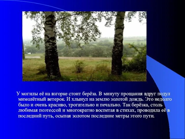 У могилы её на взгорке стоит берёза. В минуту прощания вдруг подул