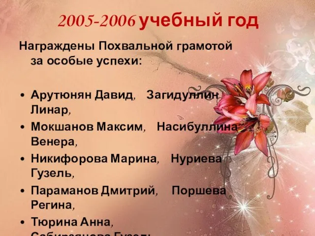 2005-2006 учебный год Награждены Похвальной грамотой за особые успехи: Арутюнян Давид, Загидуллин