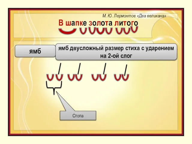 В шапке золота литого Стопа ямб двусложный размер стиха с ударением на