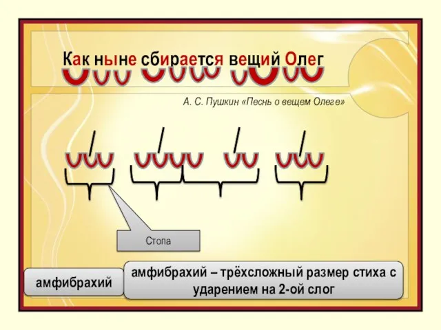 Как ныне сбирается вещий Олег Стопа амфибрахий амфибрахий – трёхсложный размер стиха