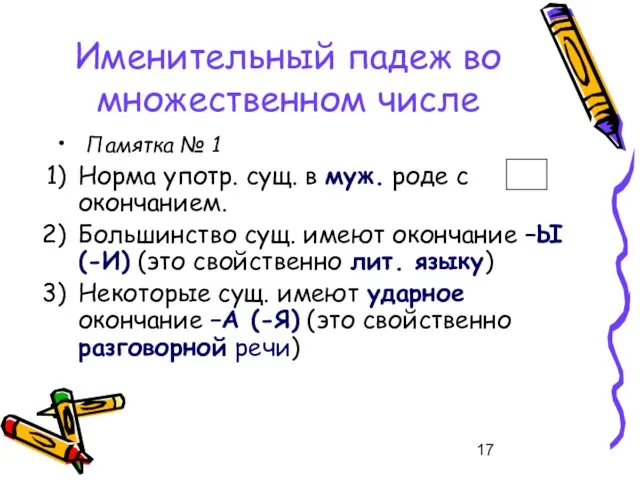 Именительный падеж во множественном числе Памятка № 1 Норма употр. сущ. в