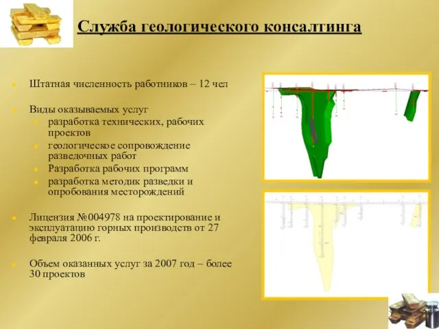 Служба геологического консалтинга Штатная численность работников – 12 чел Виды оказываемых услуг