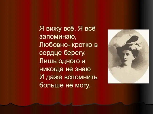 Я вижу всё. Я всё запоминаю, Любовно- кротко в сердце берегу. Лишь