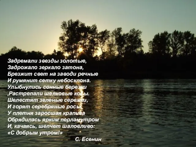 Задремали звезды золотые, Задрожало зеркало затона, Брезжит свет на заводи речные И