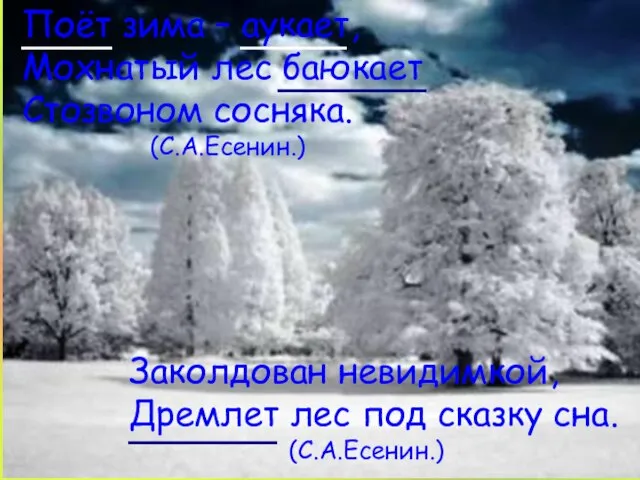 Поёт зима – аукает, Мохнатый лес баюкает Стозвоном сосняка. (С.А.Есенин.) Заколдован невидимкой,