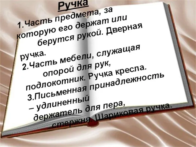 Ручка 1.Часть предмета, за которую его держат или берутся рукой. Дверная ручка.