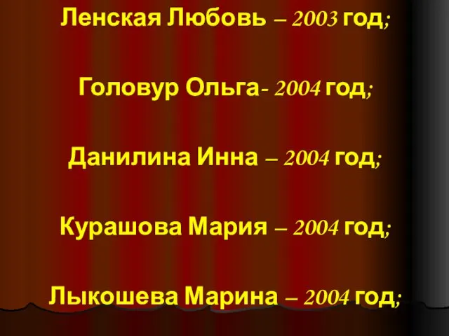 Ленская Любовь – 2003 год; Головур Ольга- 2004 год; Данилина Инна –