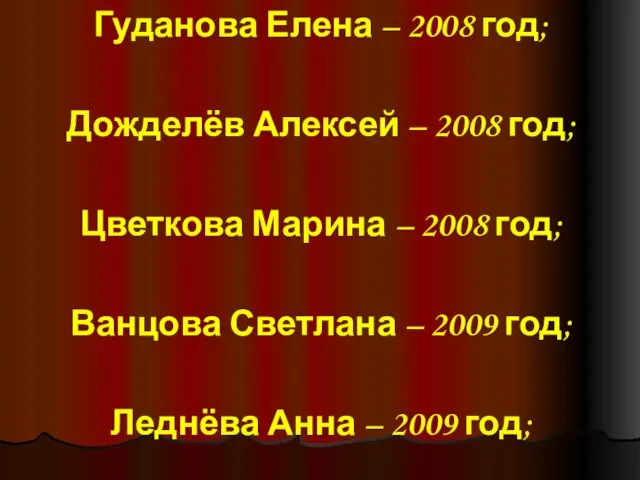 Гуданова Елена – 2008 год; Дожделёв Алексей – 2008 год; Цветкова Марина