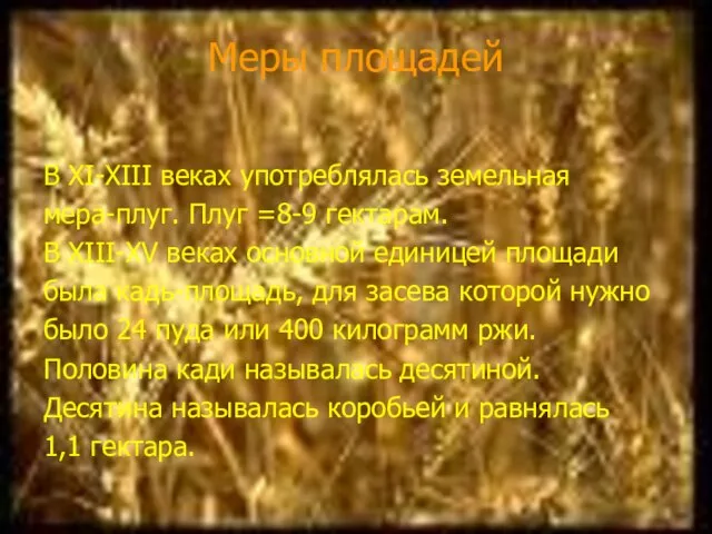 Меры площадей В XI-XIII веках употреблялась земельная мера-плуг. Плуг =8-9 гектарам. В