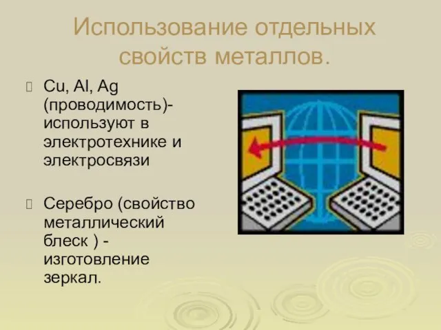 Использование отдельных свойств металлов. Cu, Al, Ag (проводимость)- используют в электротехнике и