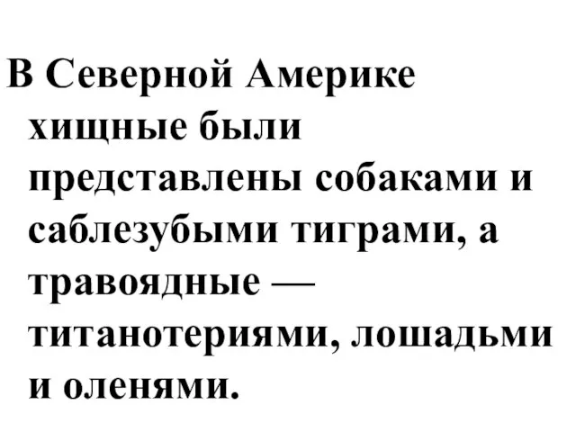 В Северной Америке хищные были представлены собаками и саблезубыми тиграми, а травоядные