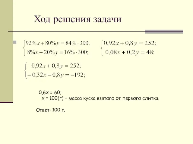 Ход решения задачи 0,6х = 60; х = 100(г) – масса куска