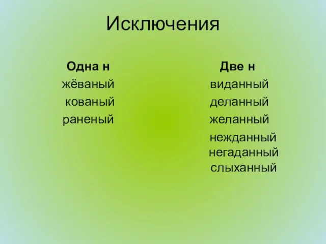 Исключения Одна н жёваный кованый раненый Две н виданный деланный желанный нежданный негаданный слыханный