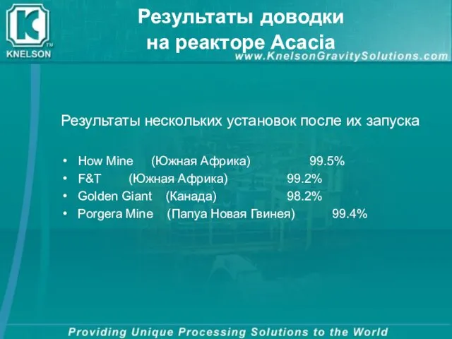 Результаты доводки на реакторе Acacia Результаты нескольких установок после их запуска How