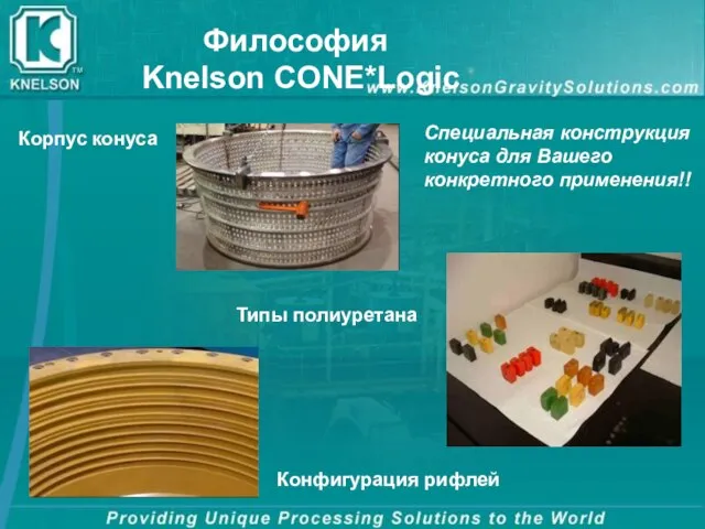 Философия Knelson CONE*Logic Корпус конуса Типы полиуретана Конфигурация рифлей Специальная конструкция конуса для Вашего конкретного применения!!