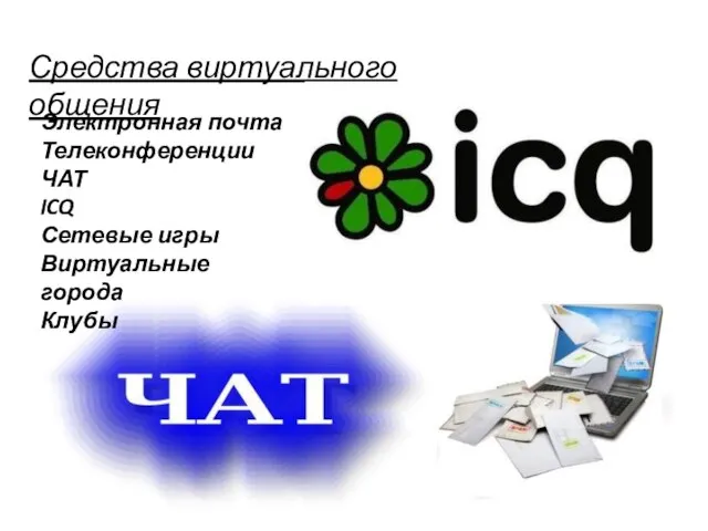 Средства виртуального общения Электронная почта Телеконференции ЧАТ ICQ Сетевые игры Виртуальные города Клубы