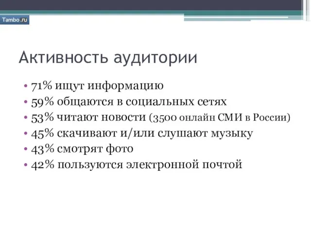 Активность аудитории 71% ищут информацию 59% общаются в социальных сетях 53% читают