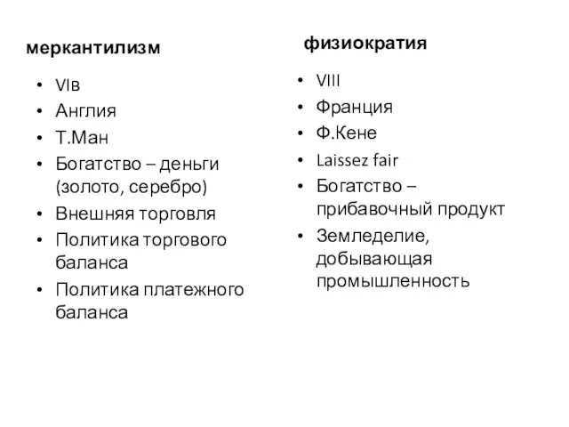 меркантилизм VIв Англия Т.Ман Богатство – деньги (золото, серебро) Внешняя торговля Политика