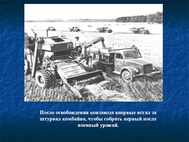 После освобождения конзавода впервые встал за штурвал комбайна, чтобы собрать первый после военный урожай.