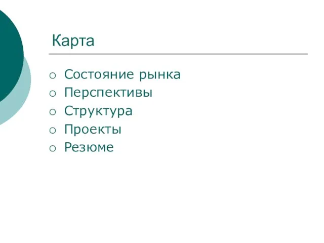 Карта Состояние рынка Перспективы Структура Проекты Резюме