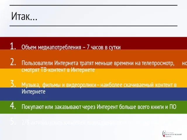 Итак… Объем медиапотребления – 7 часов в сутки Пользователи Интернета тратят меньше