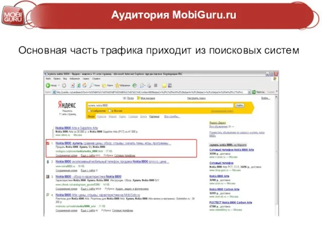 Аудитория MobiGuru.ru Основная часть трафика приходит из поисковых систем