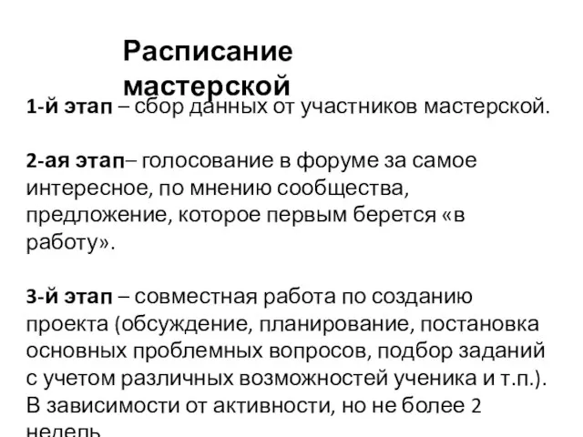 1-й этап – сбор данных от участников мастерской. 2-ая этап– голосование в