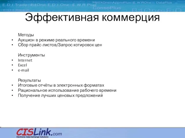 Эффективная коммерция Методы Аукцион в режиме реального времени Сбор прайс-листов/Запрос котировок цен