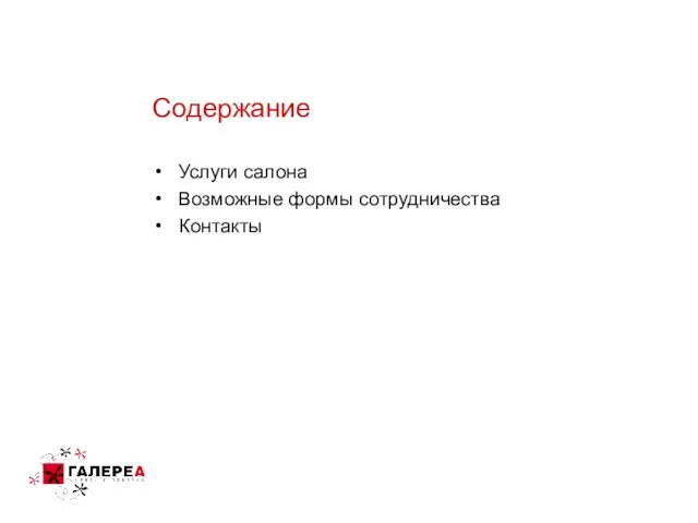 Содержание Услуги салона Возможные формы сотрудничества Контакты