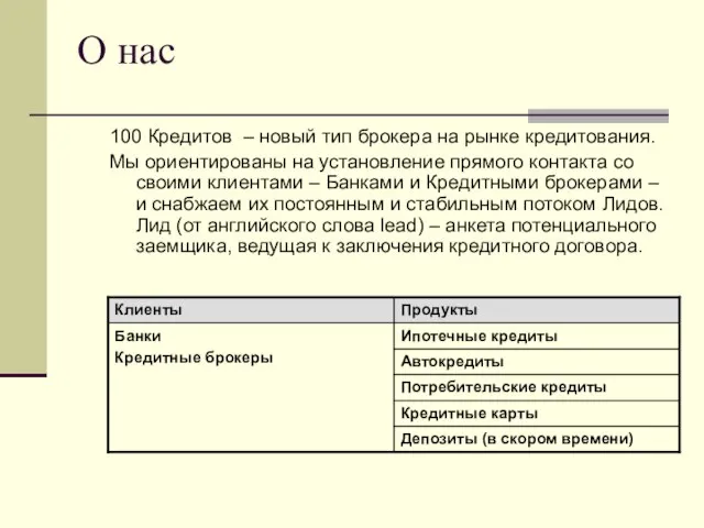 О нас 100 Кредитов – новый тип брокера на рынке кредитования. Мы