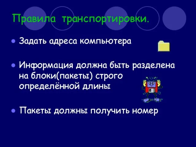 Правила транспортировки. Задать адреса компьютера Информация должна быть разделена на блоки(пакеты) строго