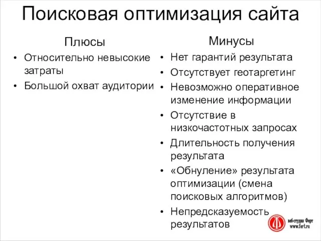 Поисковая оптимизация сайта Плюсы Относительно невысокие затраты Большой охват аудитории Минусы Нет