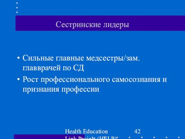 Health Education Link Project (HELP) Сестринские лидеры Сильные главные медсестры/зам.главврачей по СД