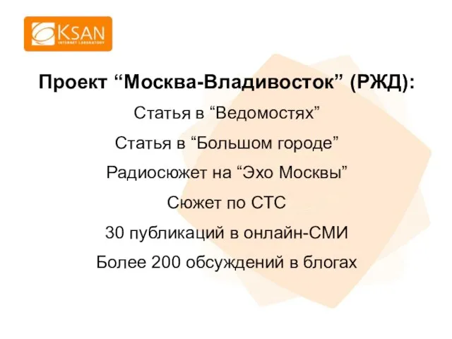 Проект “Москва-Владивосток” (РЖД): Статья в “Ведомостях” Статья в “Большом городе” Радиосюжет на