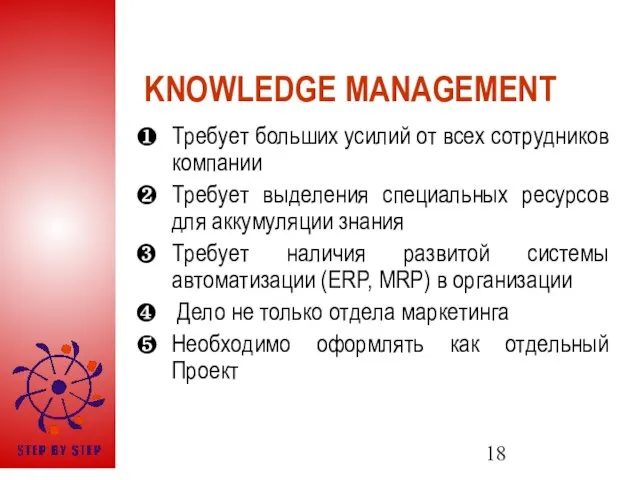 KNOWLEDGE MANAGEMENT Требует больших усилий от всех сотрудников компании Требует выделения специальных