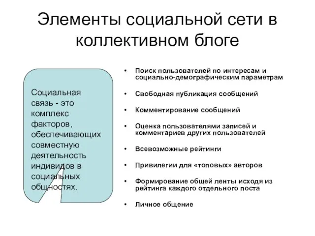 Элементы социальной сети в коллективном блоге Поиск пользователей по интересам и социально-демографическим