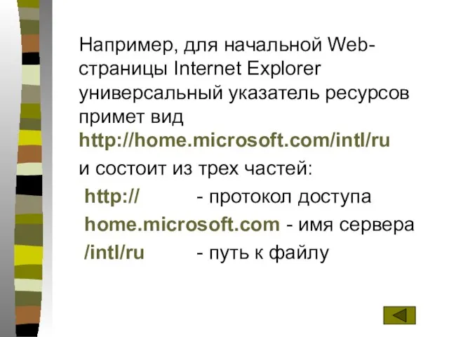 Например, для начальной Web-страницы Internet Explorer универсальный указатель ресурсов примет вид http://home.microsoft.com/intl/ru