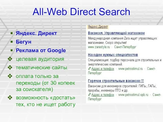 All-Web Direct Search Яндекс. Директ Бегун Реклама от Google целевая аудитория тематические