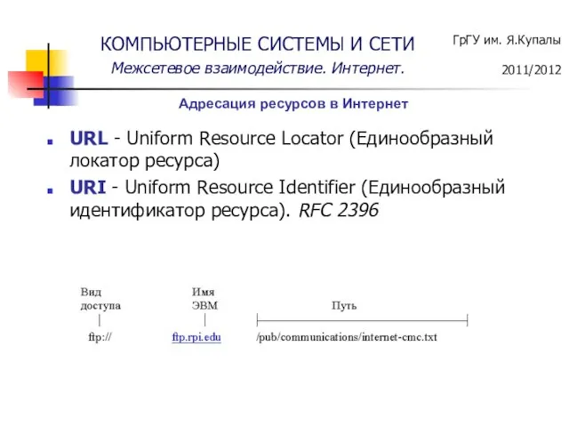 Адресация ресурсов в Интернет URL - Uniform Resource Locator (Единообразный локатор ресурса)