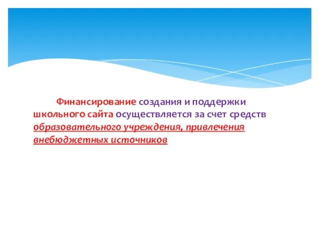 Финансирование создания и поддержки школьного сайта осуществляется за счет средств образовательного учреждения, привлечения внебюджетных источников